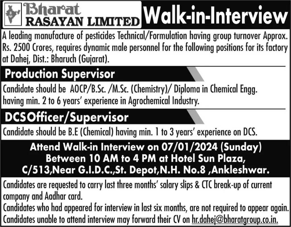 Bharat Rasayan Limited - Walk-In Interview on 7th Jan 2024 for Multiple Positions